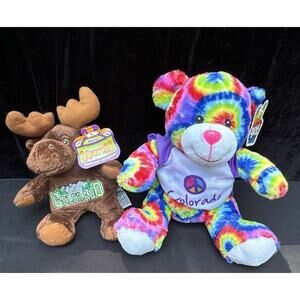 Peace Pals Plush Bean Fill Multicolor Tie Dye Bear & Moose In Colorado Shirts